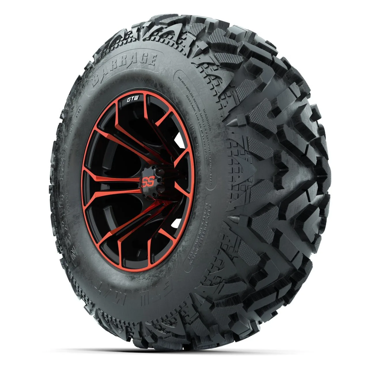 Комплект колёс с шинами 25X10-12 Barrage Mud, диски 12" Spyder, чёрно-красные, GTW, артикул A19-2190 — фото 3
