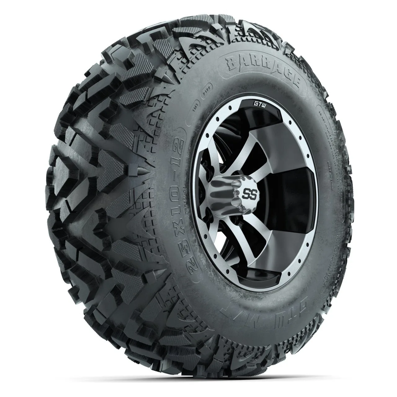 Колёса GTW® Storm Trooper 12", чёрные с проточкой, с шинами 25X10-12 Barrage Mud, полный комплект, артикул A19-1645