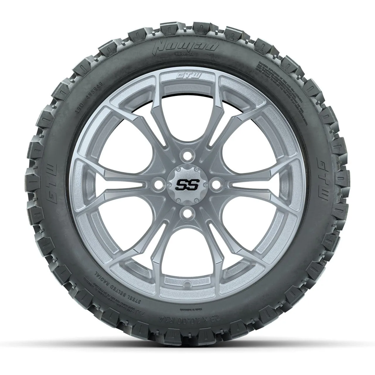 Колёса GTW Spyder 14" (серебристые шлифованные) с шинами 23X10-R14 Nomad Steel Belt Radial All-Terrain, полный комплект, артикул A19-2275 — фото 2