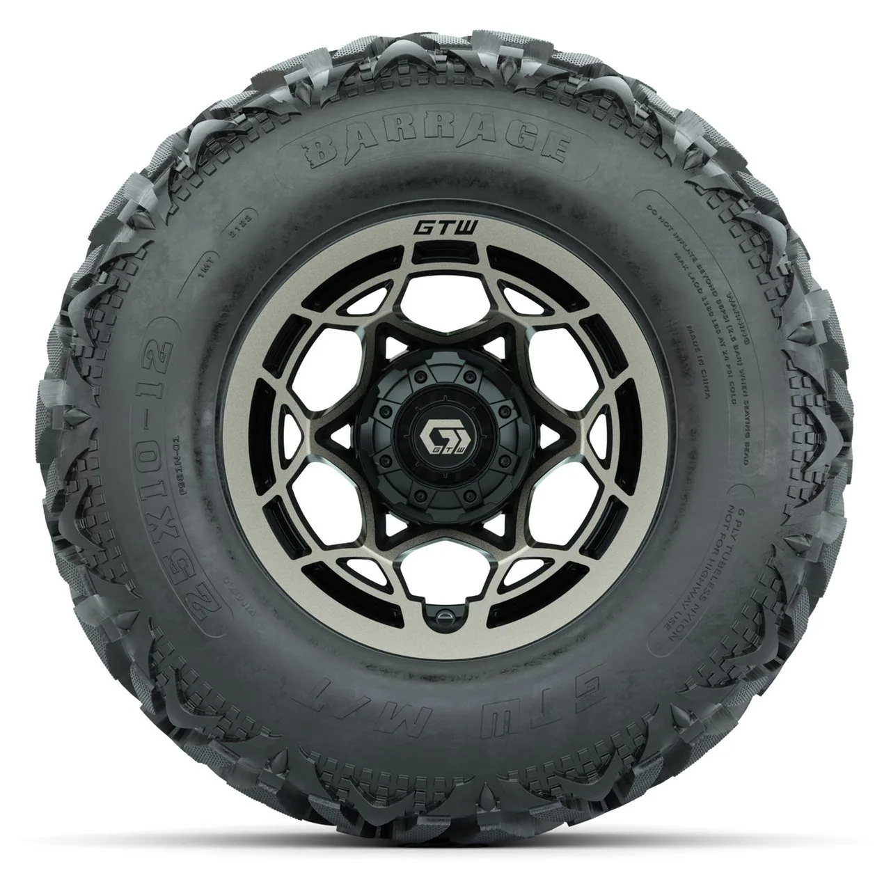 Комплект колёс GTW® Nexus (чёрные/бронзовые) 12" с грязевыми шинами 25X10-12 Barrage, полный набор, артикул A19-1869 — фото 2