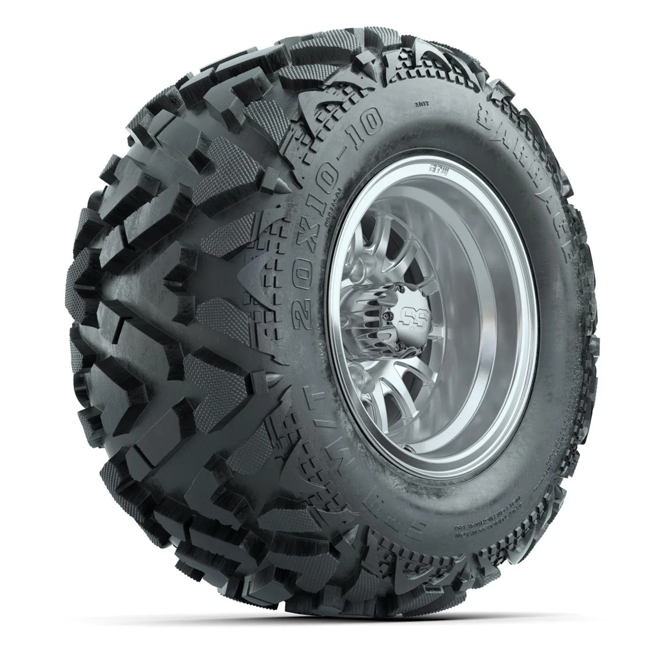 Комплект колёс GTW Medusa 10”, серебристые с обработкой, с шинами 20x10-10 Barrage Mud (4 шт.), артикул A19-1548