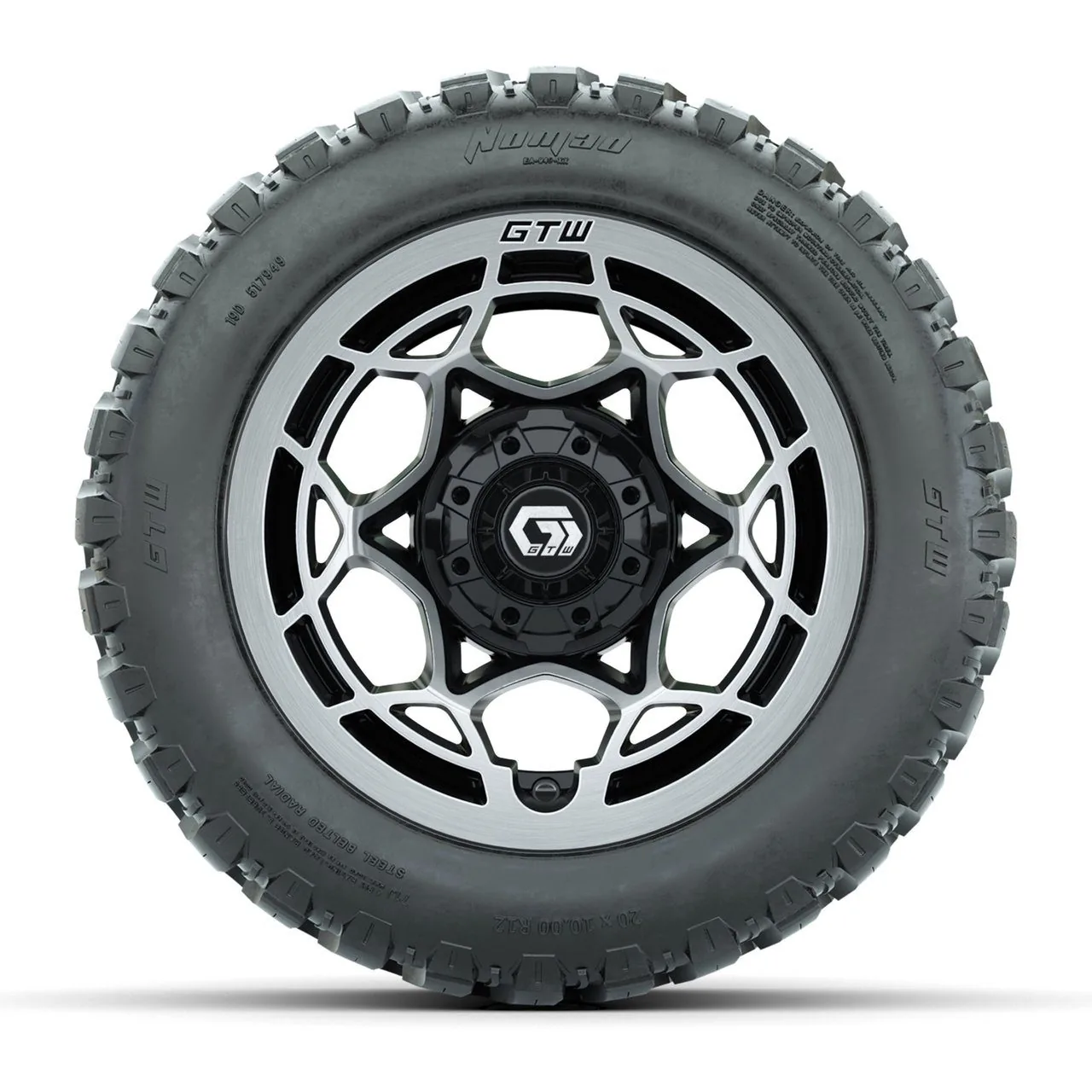 Колёса GTW Nexus, чёрные с серебристой лицевой частью, 12" с шинами 20X10-12 Nomad Steel Belt Radial All-Terrain, полный комплект, артикул A19-1849 — фото 2